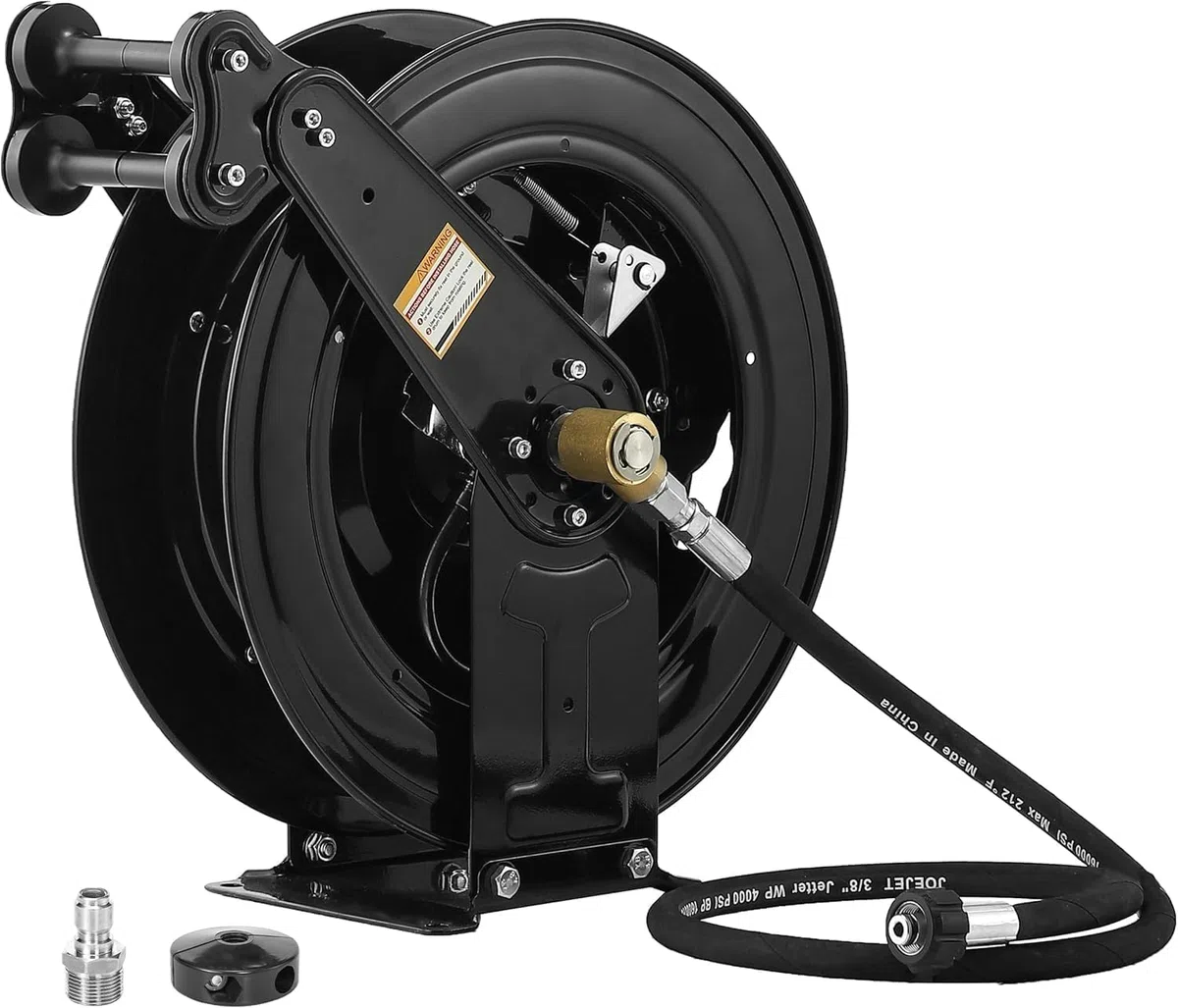 HoldOneLight Avvolgitubo per lavatrice a pressione, retrattile automatico, 40,6 cm, 15,2 m, in acciaio resistente, 4000 psi, doppio braccio