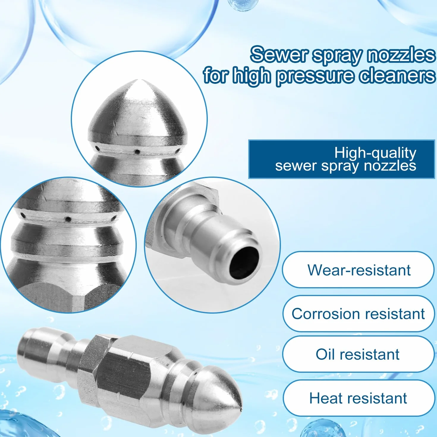 4 Ugelli per Fognatura con Connettore Rapido 1/4" NPT e Nastro Sigillante Acciaio Ugello ad Alta Pressione per Strumento di Pulizia delle Fognature Kit Ugelli per Fognatura, 5000 PSI