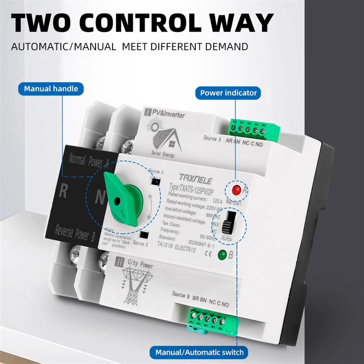 Din Rail ATS PV Solar Inverter Dual Power Selettori di trasferimento automatico Potenza ininterrotta 2P 63A 100A 125A Fotovoltaico(63A(PV))