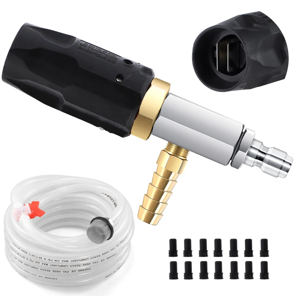 FIXFANS Ugello regolabile a lungo raggio per idropulitrice 5-6,5 GPM con tubo intrecciato da 45 FT, kit ugello spray per idropulitrice a valle iniettore a valle iniezione chimica esterna, connessione
