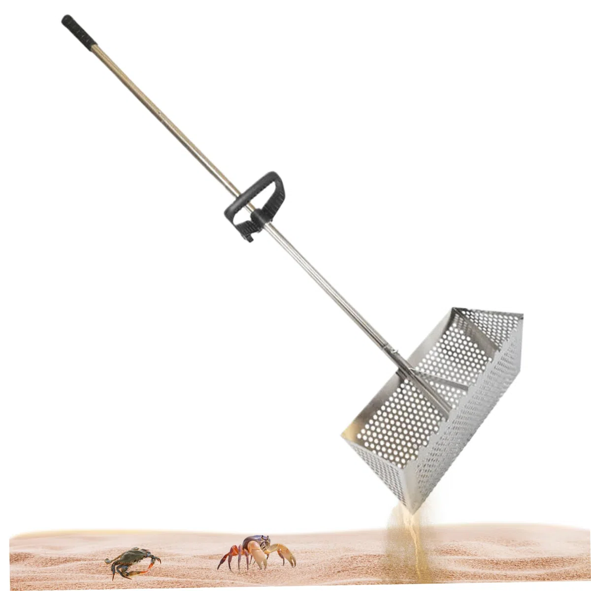 rastrello da giardino ， Rastrello da spiaggia in acciaio inox con cesto largo 15,8, manico lungo staccabile e rastrello for spiaggia e pulci Rastrello for spiaggia e pulci