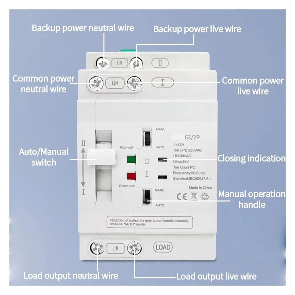 Interruttore di trasferimento automatico a doppia alimentazione for PC 110V 220V 25A 40A 63A Interruttore di trasferimento di potenza domestica 50/60Hz(2P 63A,110V)