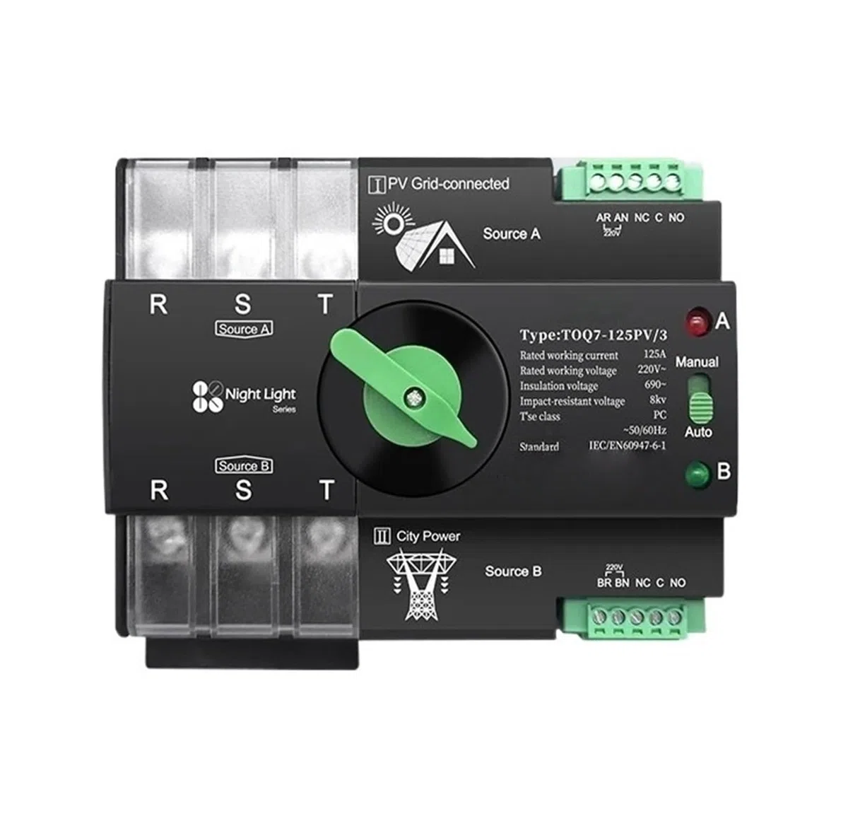 Interruttore selettore elettrico automatico a doppia alimentazione, guida DIN ininterrotta, trifase for fotovoltaico 3P 63A 100A 125A 230V(100A)