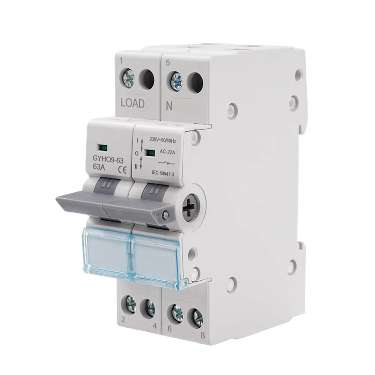 Commutatore 2P 63A interruttore separatore di carico Dual Power Manual Transfer Isolating Switch AC 230V con doppia potenza con indicatore di potenza, montaggio su guida DIN.