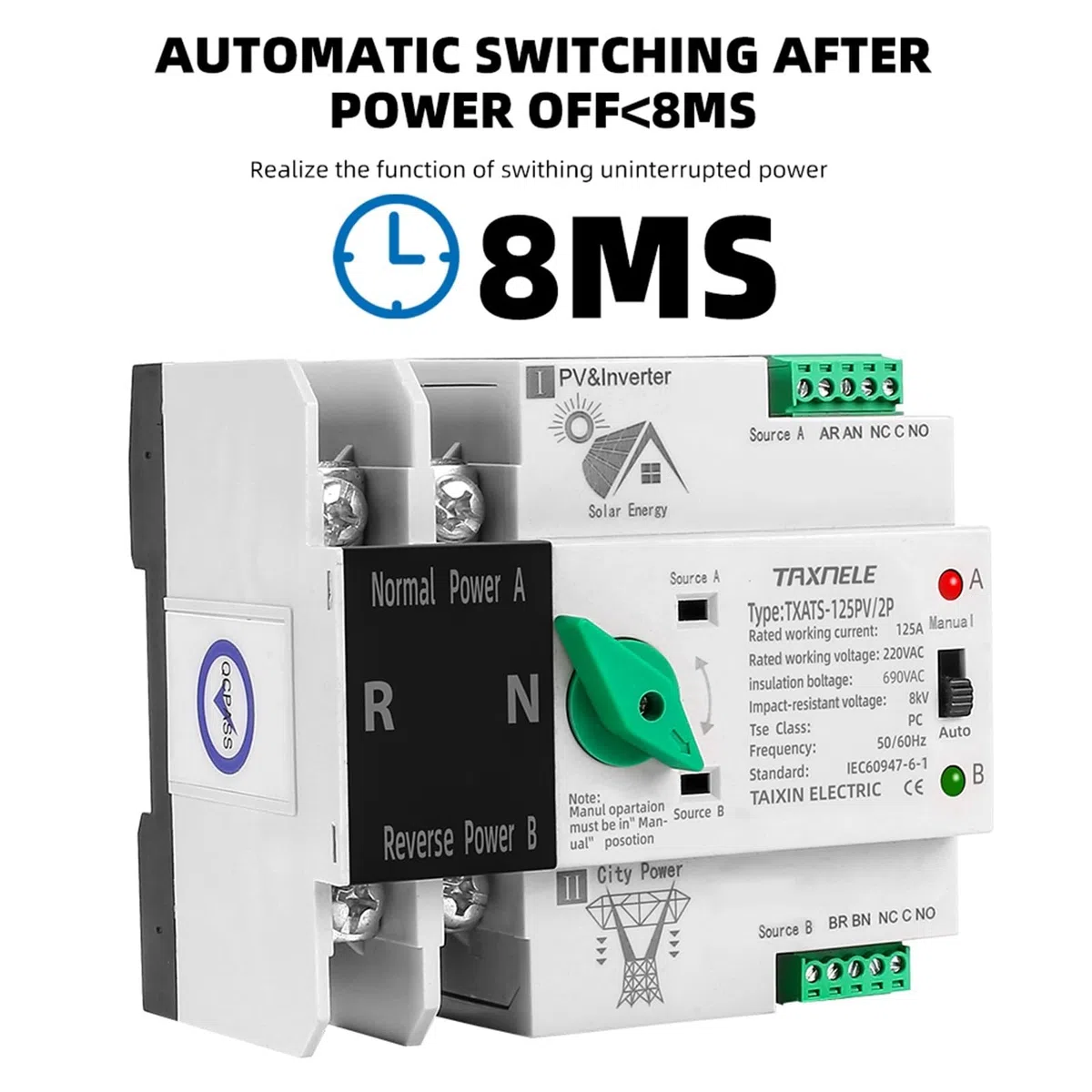 Din Rail ATS PV Solar Inverter Dual Power Selettori di trasferimento automatico Potenza ininterrotta 2P 63A 100A 125A Fotovoltaico(63A(PV))