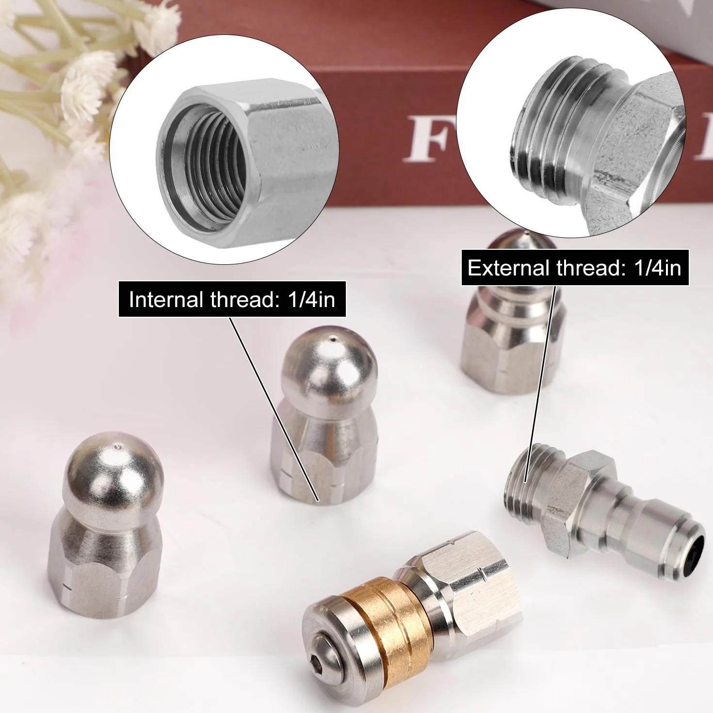 4 Ugelli per Fognatura con Connettore Rapido 1/4" NPT e Nastro Sigillante Acciaio Ugello ad Alta Pressione per Strumento di Pulizia delle Fognature Kit Ugelli per Fognatura, 5000 PSI