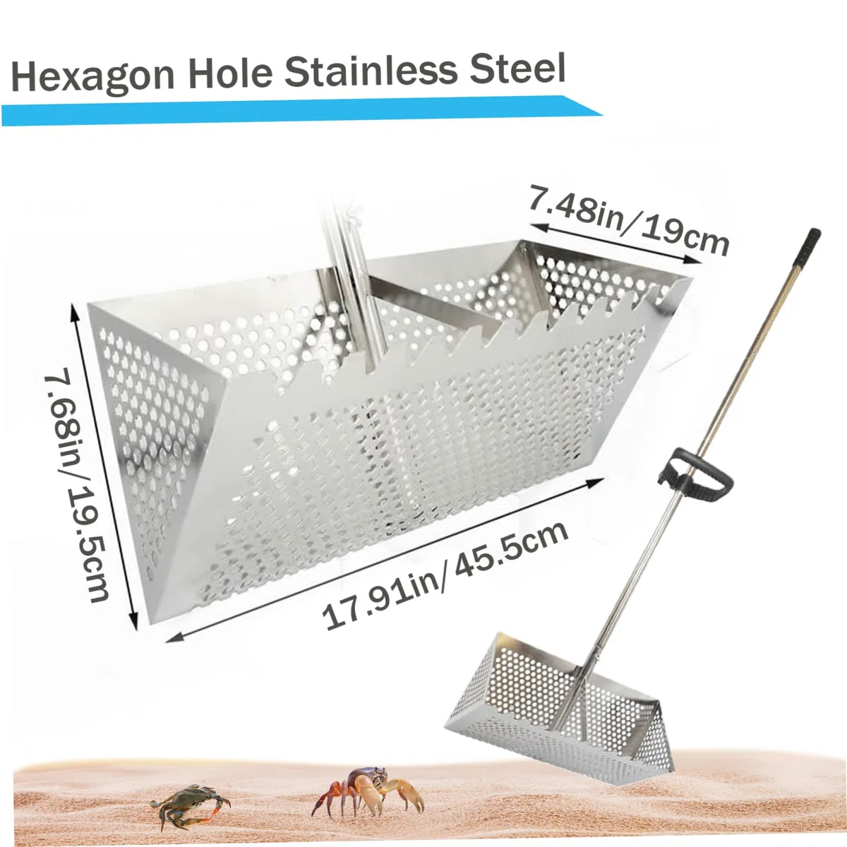rastrello da giardino ， Rastrello da spiaggia in acciaio inox con cesto largo 15,8, manico lungo staccabile e rastrello for spiaggia e pulci Rastrello for spiaggia e pulci
