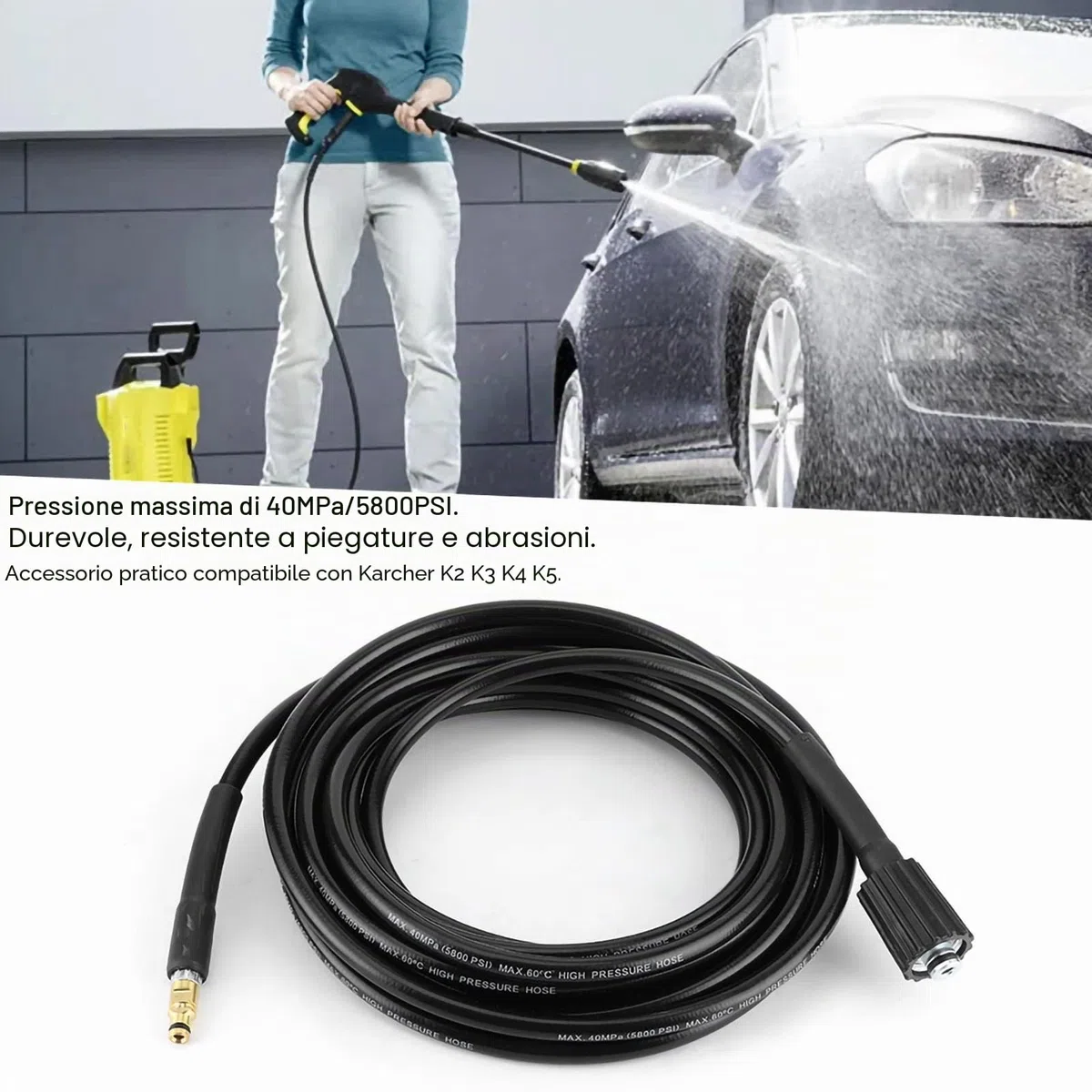 Tubo Per Lavaggio A Pressione 40MPa 5800PSI Accessorio Per Lavaggio Auto Adatto A K2 Versione Nuova In Gomma Resistente 'Usura E -Gomitolo Con Treccia Di Acciaio Ad Alta Tensione