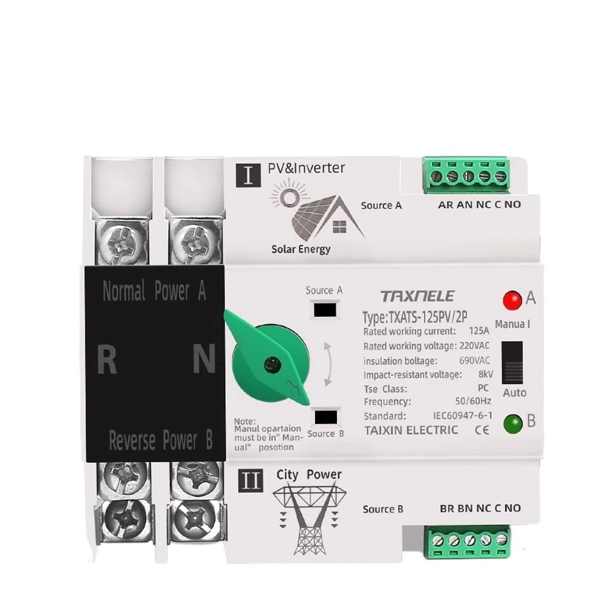 Din Rail ATS PV Solar Inverter Dual Power Selettori di trasferimento automatico Potenza ininterrotta 2P 63A 100A 125A Fotovoltaico(63A(PV))
