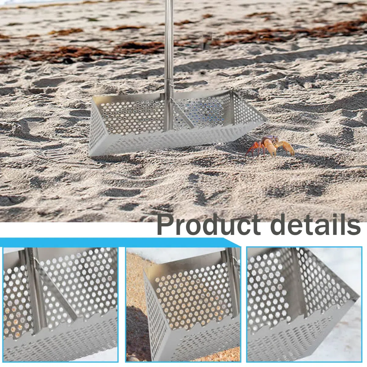 rastrello da giardino ， Rastrello da spiaggia in acciaio inox con cesto largo 15,8, manico lungo staccabile e rastrello for spiaggia e pulci Rastrello for spiaggia e pulci