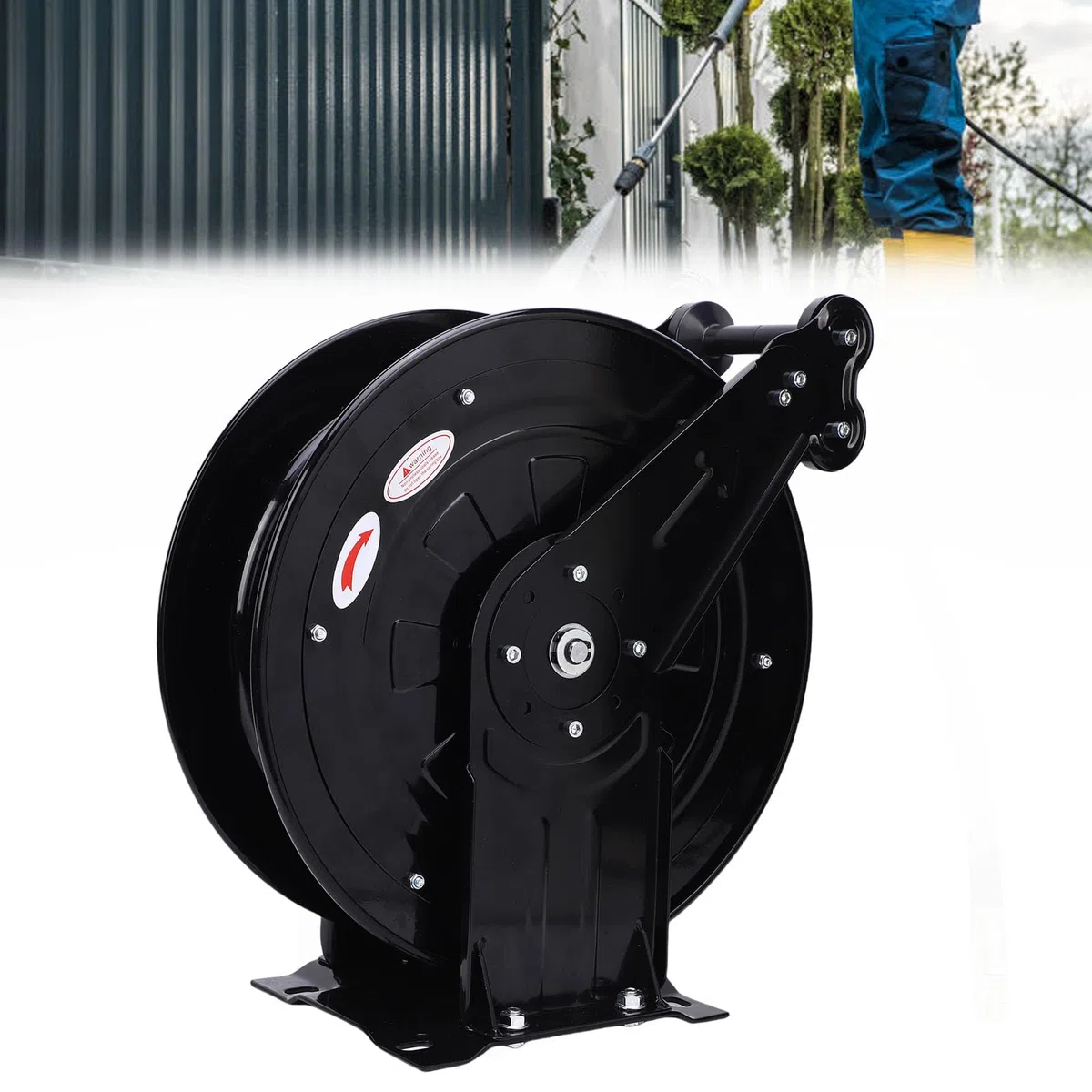 Avvolgitubo per Idropulitrice, Riavvolgimento Automatico in Acciaio Al Carbonio per Carichi Pesanti 4000PSI con Tubo Principale 4,9 Piedi e Base di Montaggio, per Officina di