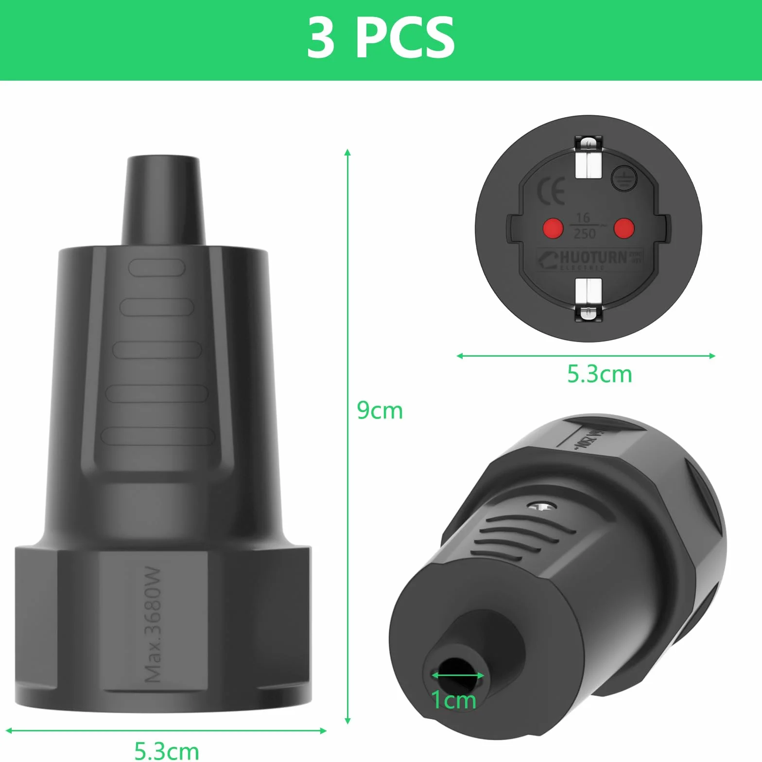 Presa Schuko Volante, 3 Pezzi Spina Femmina, Adattatore 250 V / 16 A Con Contatto di Protezione Antipiega, per Interni ed Esterni, Nero