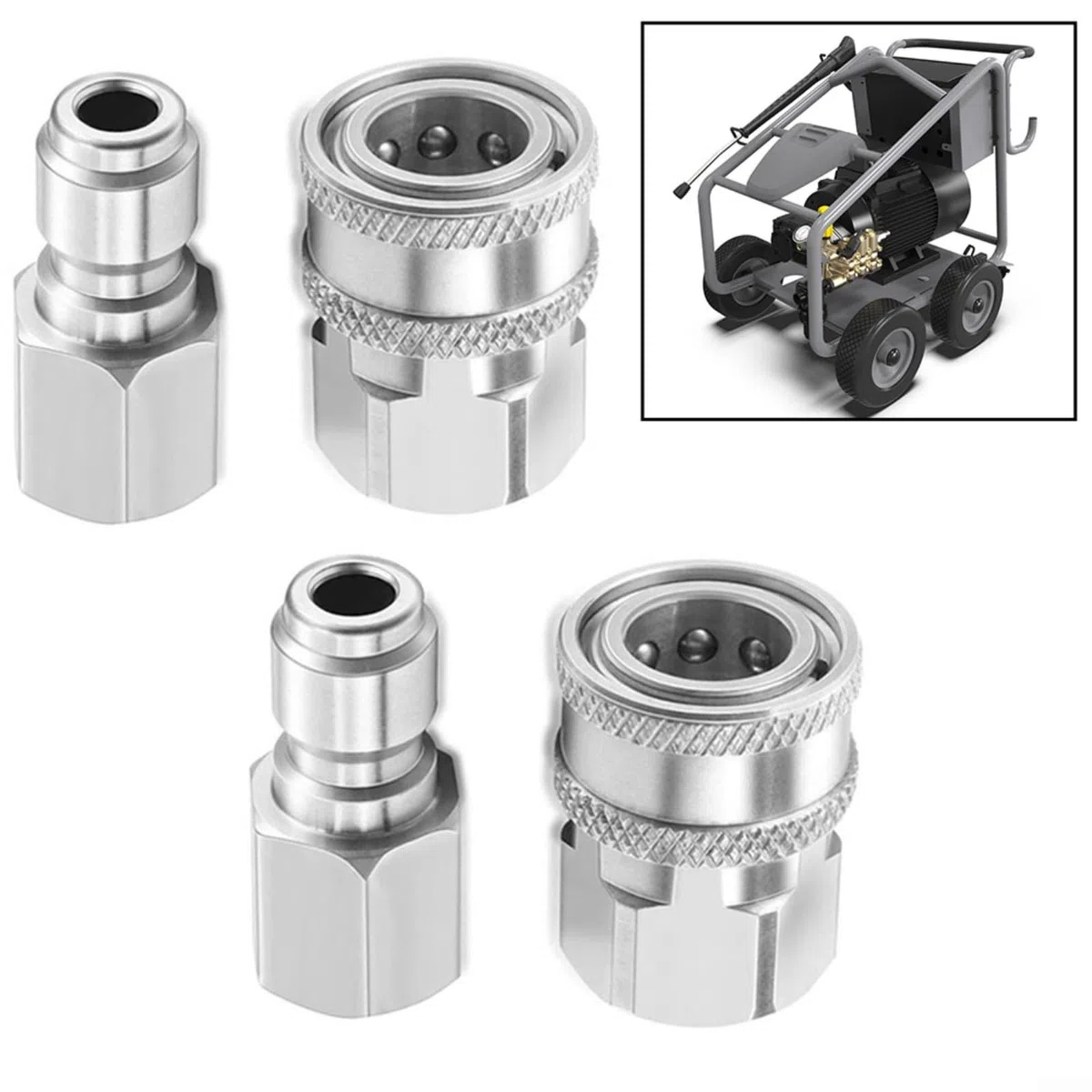 Set di attacchi rapidi in acciaio inox 3/8 pollici NPT per idropulitrici ad alta pressione, 4 pezzi con adattatore filettato interno ed esterno, robusto e resistente alla corrosione per tubi e