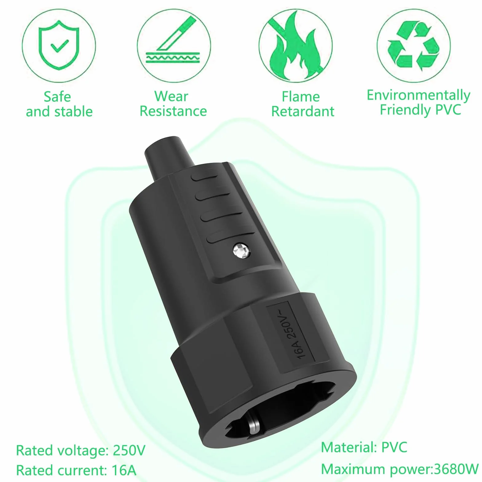 Presa Schuko Volante, 3 Pezzi Spina Femmina, Adattatore 250 V / 16 A Con Contatto di Protezione Antipiega, per Interni ed Esterni, Nero
