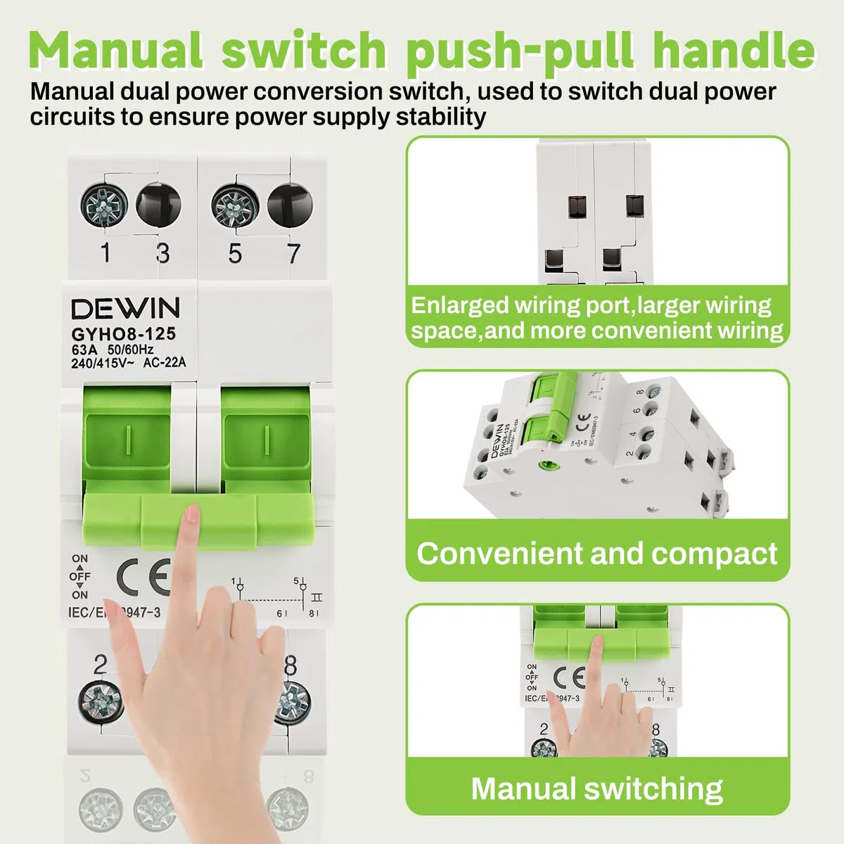 Interruttore di trasferimento, commutatore manuale 2P Dual Power DIN guida interruttore di separazione manuale 240AC 63A