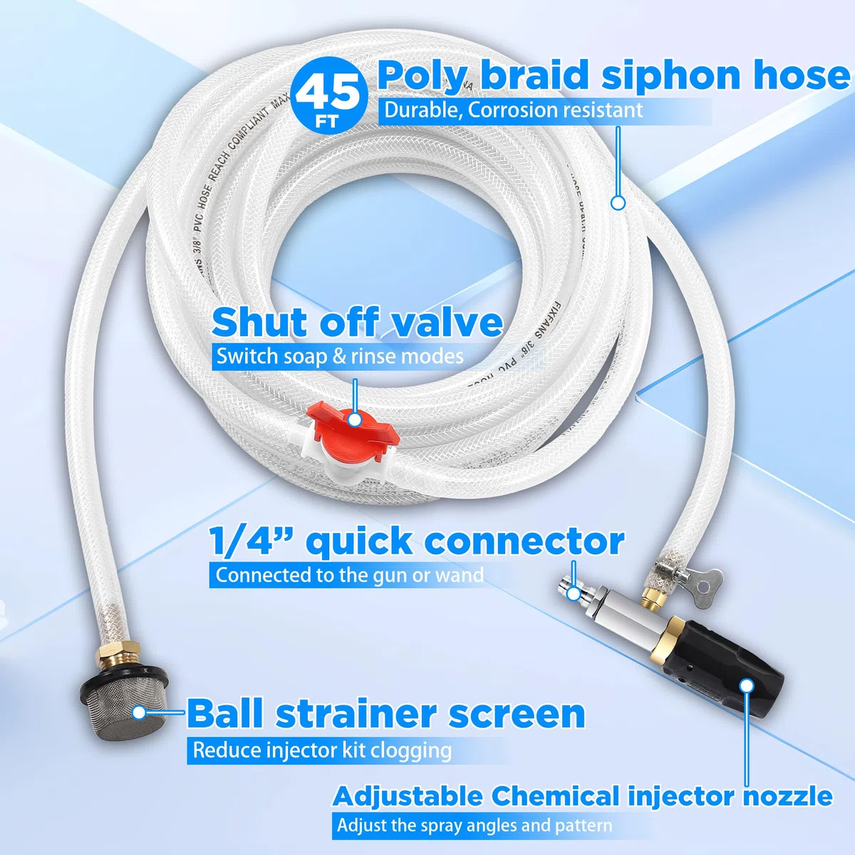 FIXFANS Ugello regolabile a lungo raggio per idropulitrice 5-6,5 GPM con tubo intrecciato da 45 FT, kit ugello spray per idropulitrice a valle iniettore a valle iniezione chimica esterna, connessione