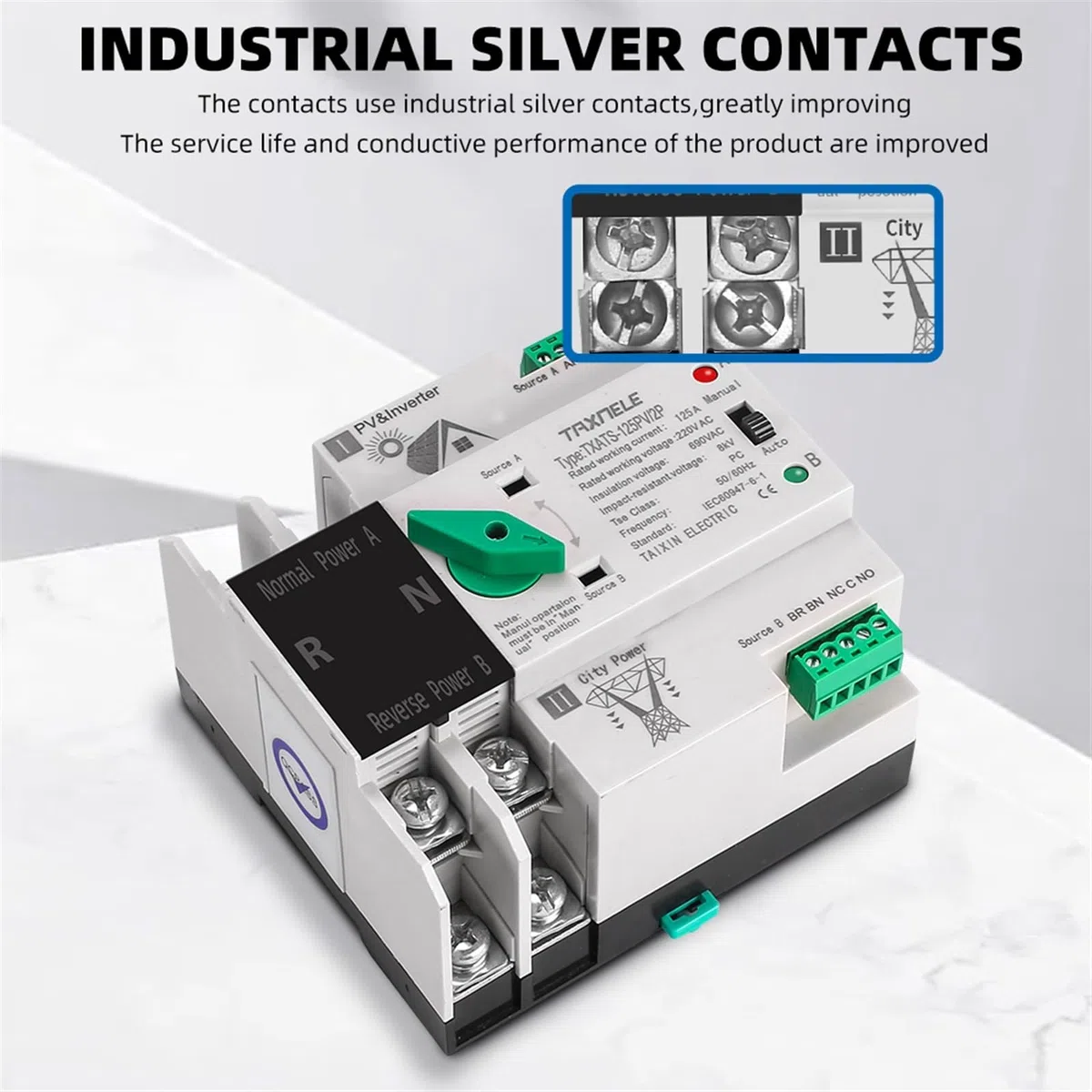 Din Rail ATS PV Solar Inverter Dual Power Selettori di trasferimento automatico Potenza ininterrotta 2P 63A 100A 125A Fotovoltaico(63A(PV))