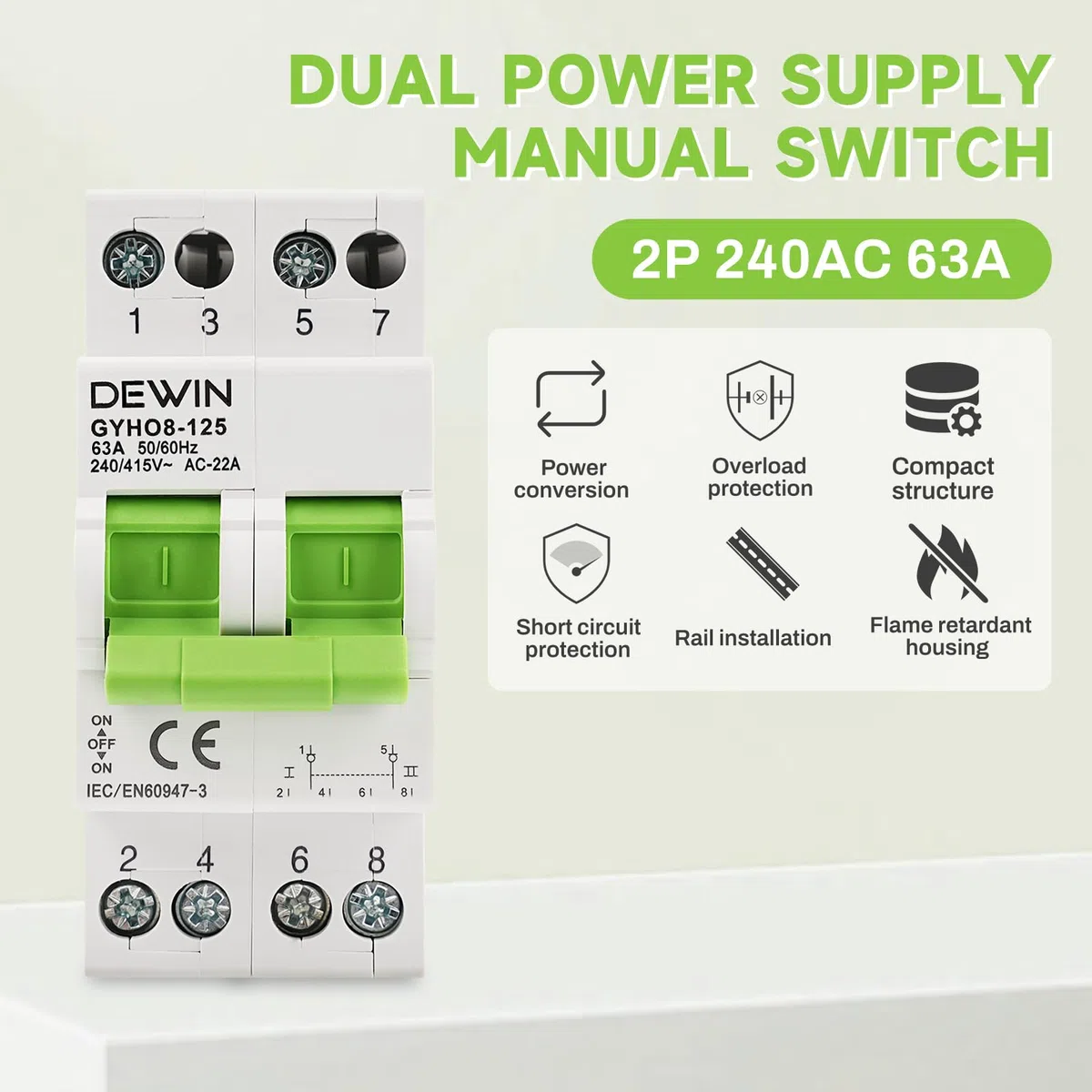 Interruttore di trasferimento, commutatore manuale 2P Dual Power DIN guida interruttore di separazione manuale 240AC 63A