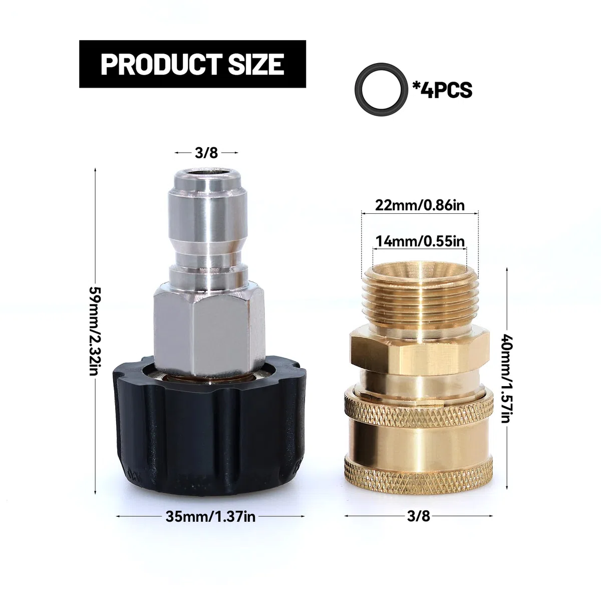 Set Adattatore per Idropulitrice M22 3/8" Tubo Quick Connect Set, Connettore Rapido da Filettatura Femmina M22 da 14 mm a Filettatura Naschio, 5000 PSI