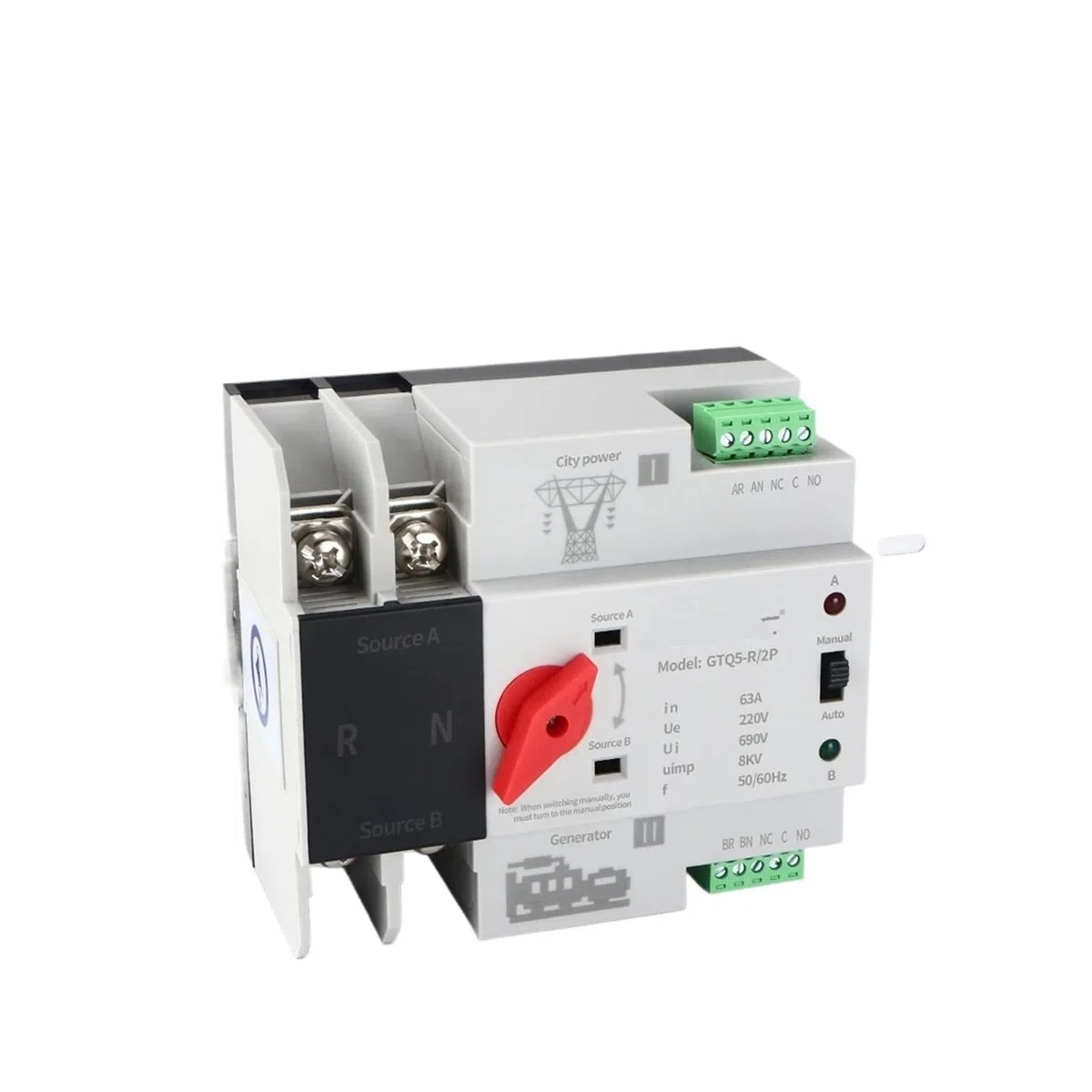 Interruttore di trasferimento automatico di potenza 2P 3P 4P Rail 220V AC 63A 100A Interruttori di selezione Generatore di corrente ininterrotta(City Grid-Generator,3P 63A)