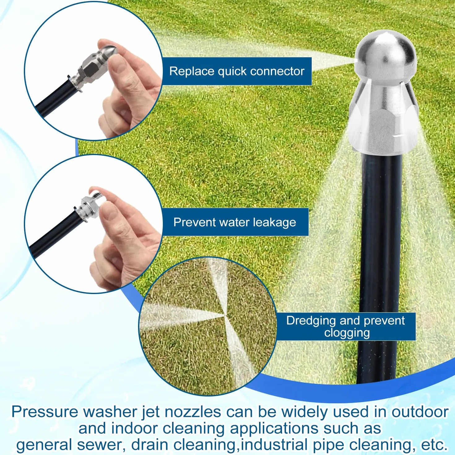 4 Ugelli per Fognatura con Connettore Rapido 1/4" NPT e Nastro Sigillante Acciaio Ugello ad Alta Pressione per Strumento di Pulizia delle Fognature Kit Ugelli per Fognatura, 5000 PSI