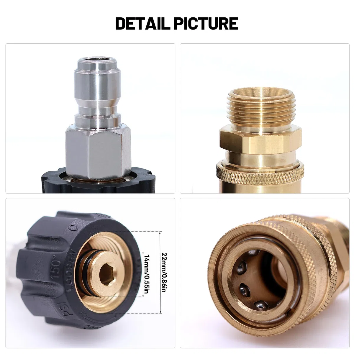 Set Adattatore per Idropulitrice M22 3/8" Tubo Quick Connect Set, Connettore Rapido da Filettatura Femmina M22 da 14 mm a Filettatura Naschio, 5000 PSI