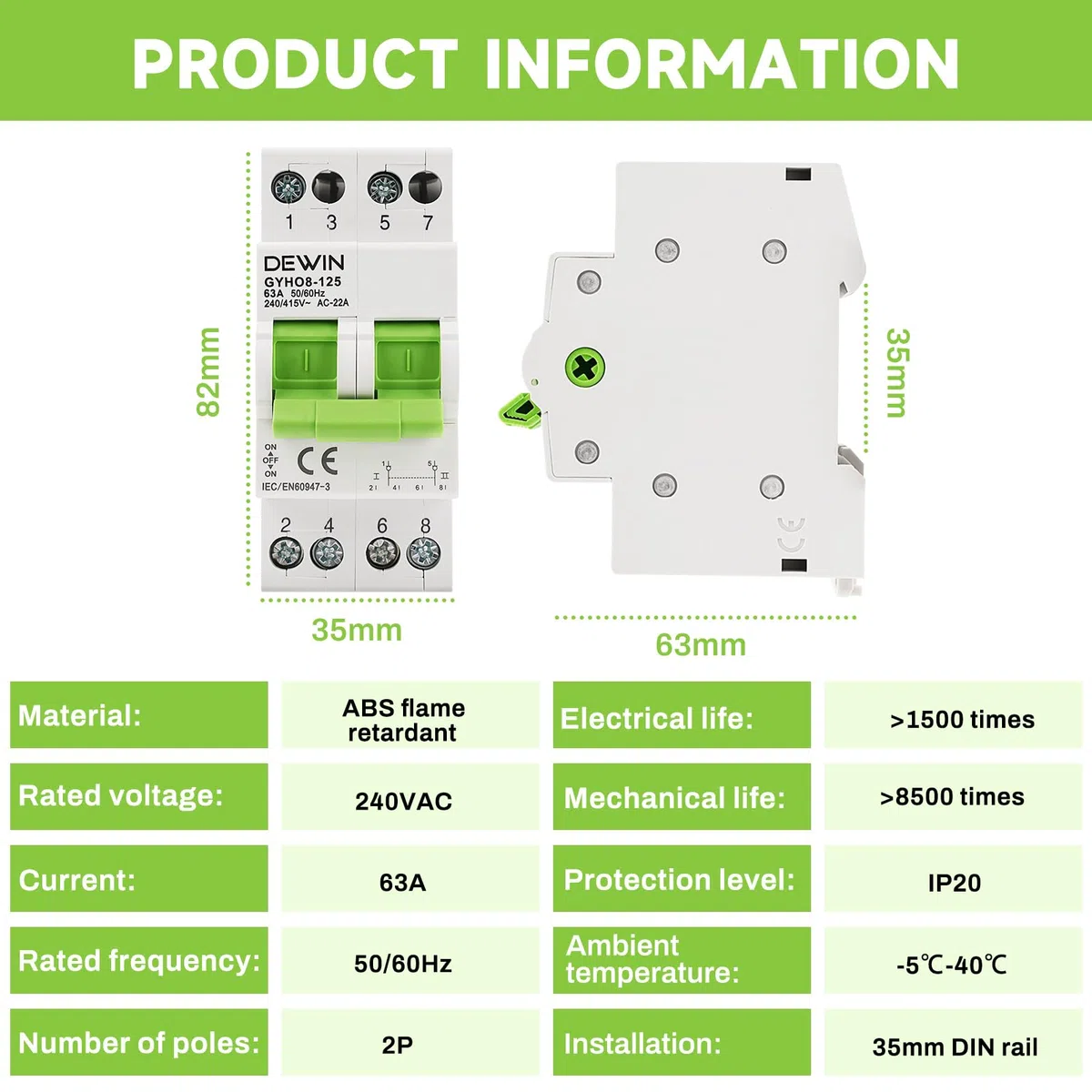 Interruttore di trasferimento, commutatore manuale 2P Dual Power DIN guida interruttore di separazione manuale 240AC 63A