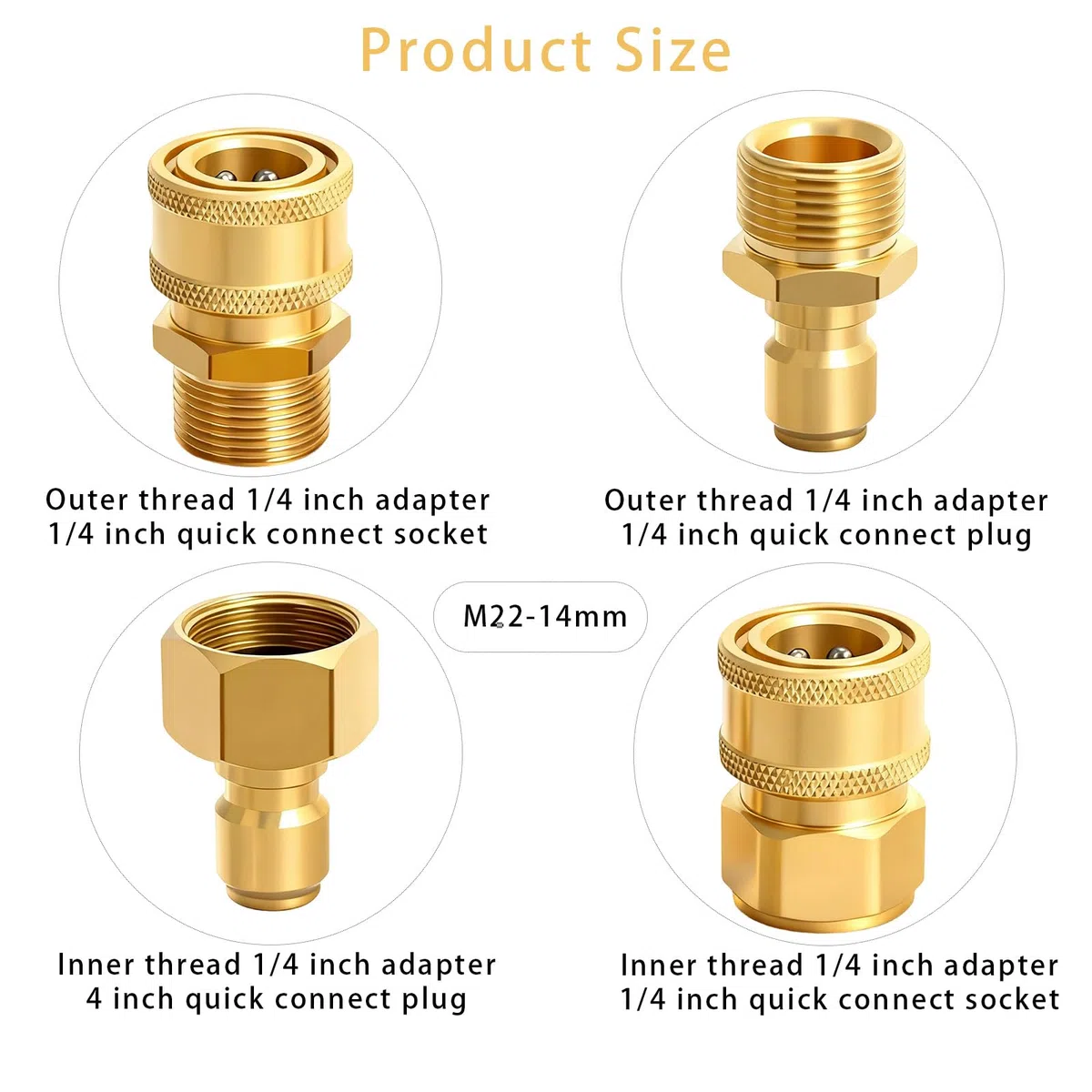 Kit di 4 raccordi per idropulitrice M22 da 14 mm a 1/4, adattatori in ottone a connessione rapida, senza perdite, per lavaggio auto, giardinaggio e pulizia esterna